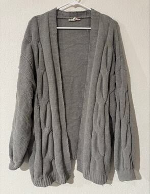 Hazel Moon Oversized Slouchy Preppy Grey Cable Knit Chenille Cardigan Sweater M